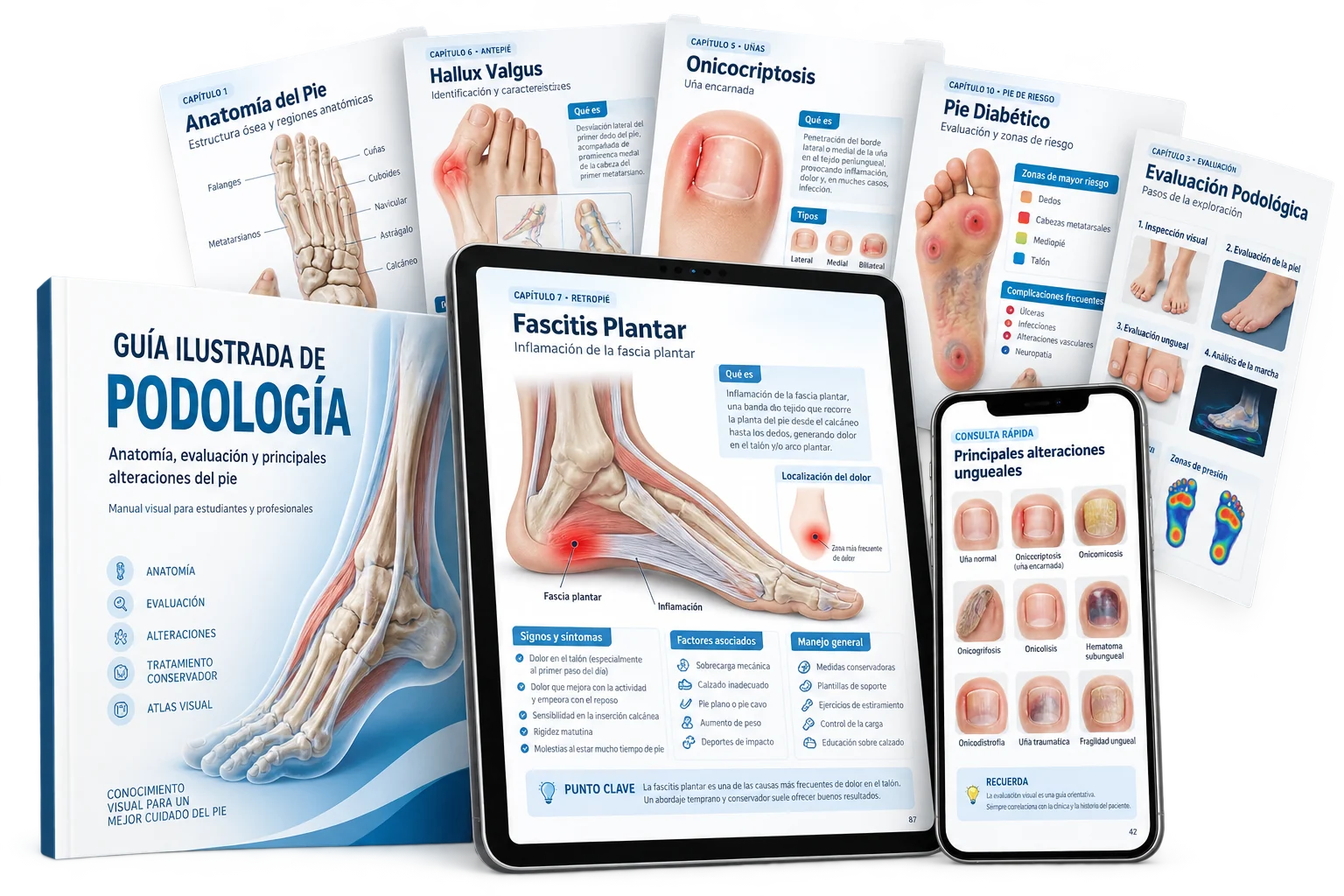 Guía Ilustrada de Podología: portada, páginas de anatomía, hallux valgus, onicocriptosis y pie diabético, fascitis plantar en tablet y consulta rápida de alteraciones ungueales en celular