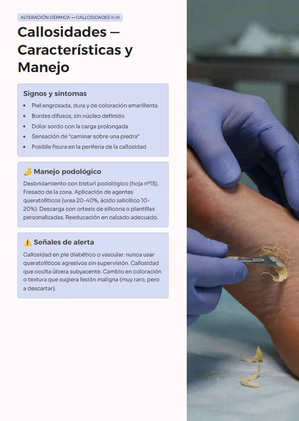 Página de la guía: callosidades, con signos, manejo podológico y señales de alerta